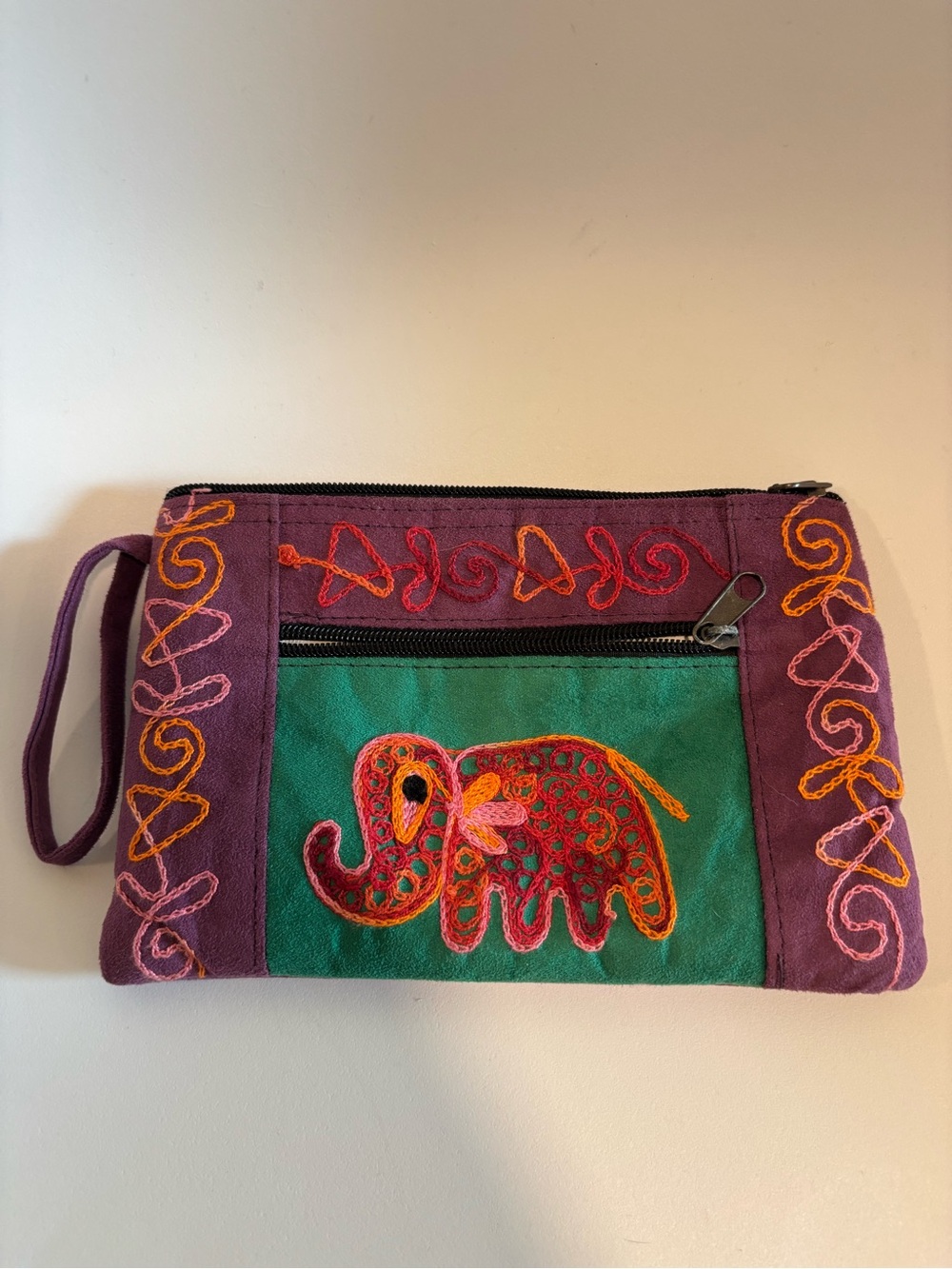 Purple & Green Embroidered Elephant Wristlet Bag